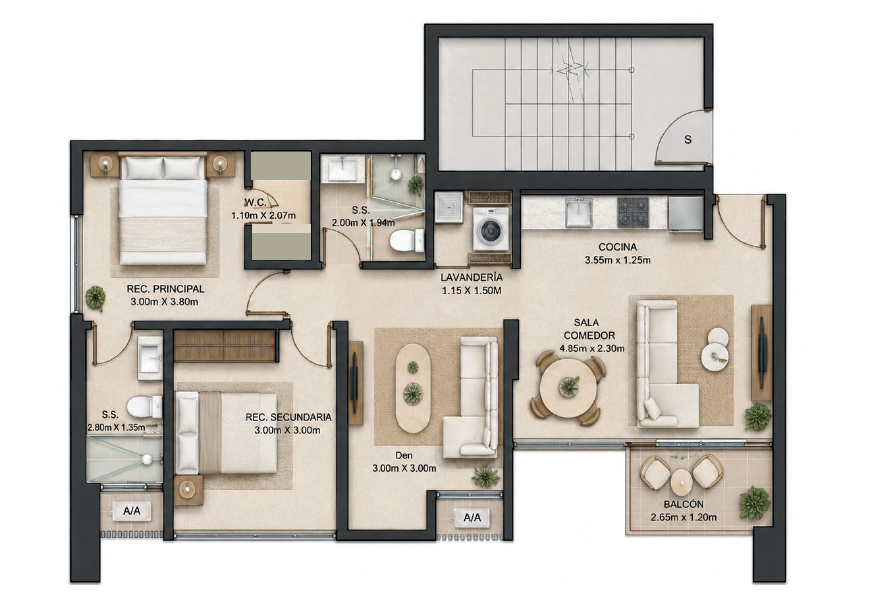 Planta típica de 84.45 m² — 2 recámaras · 2 baños · Flex · balcón