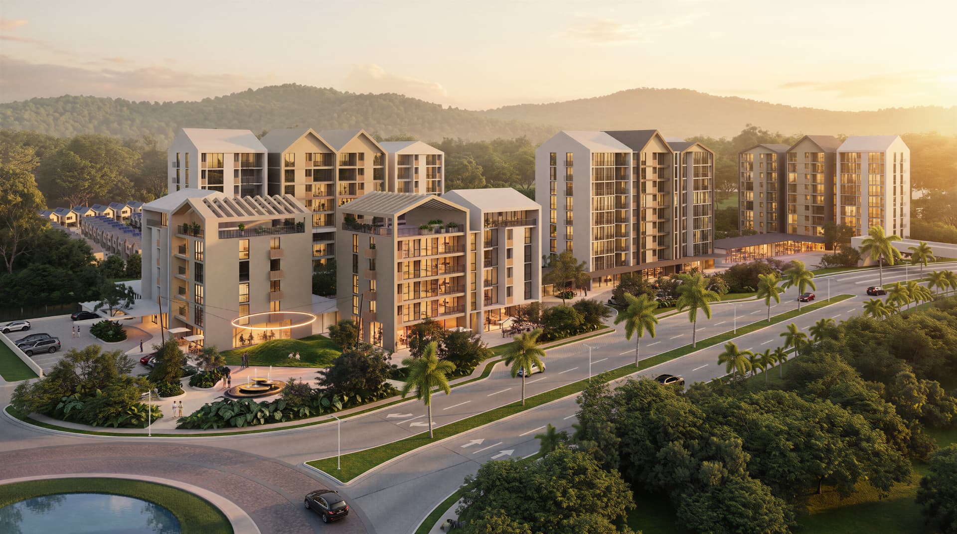 Vista aérea del conjunto residencial SENZA al atardecer en Green City, Panamá Norte