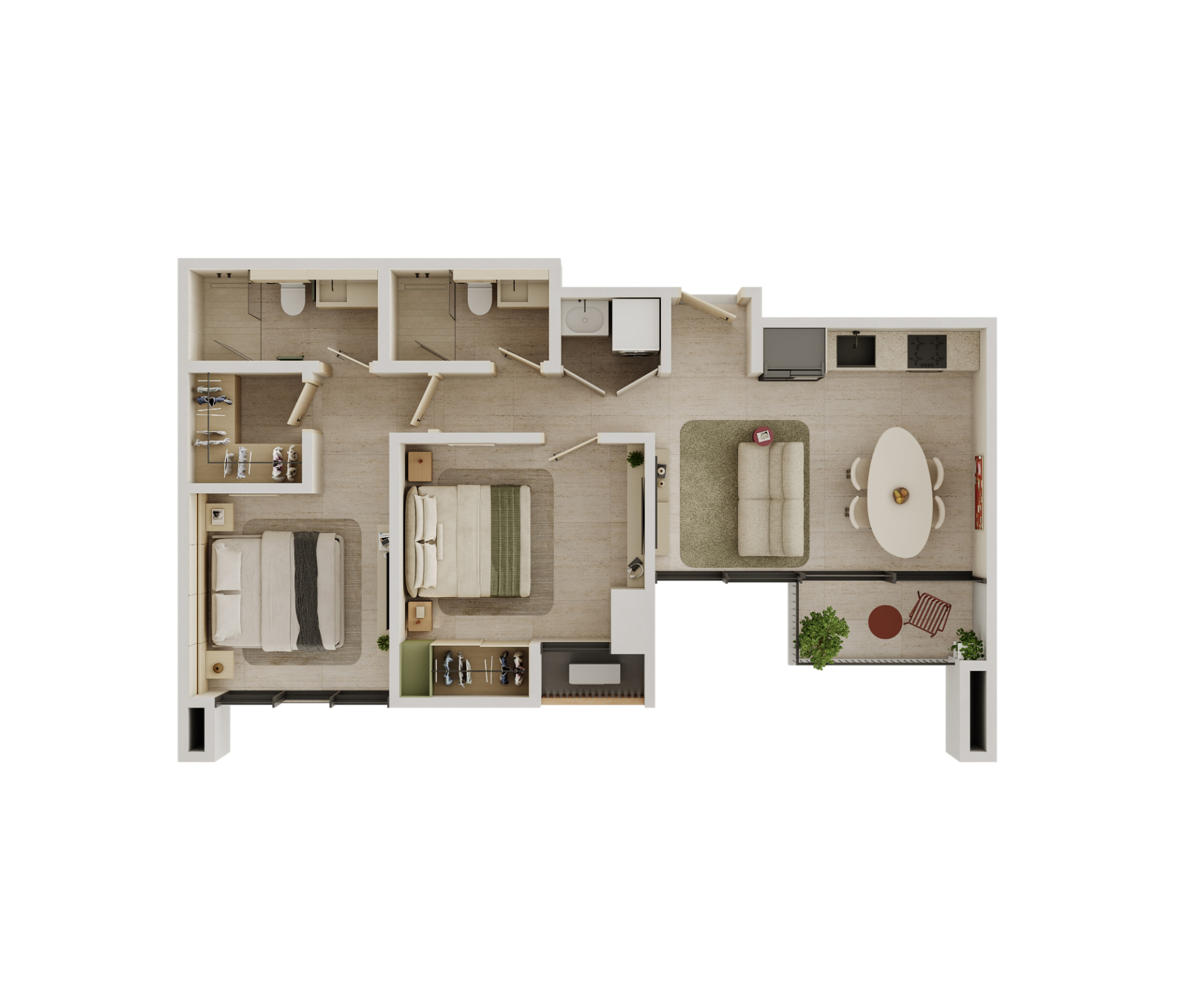 Planta típica de 71.70 m² — 2 recámaras · 2 baños · balcón